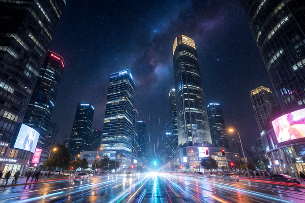 星空综合平台宣传图，现代都市夜景灯光效果展现科技感氛围